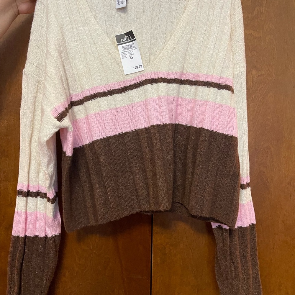 Rue21 Women's Pink and Brown Striped Sweater